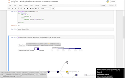 Screenshot of Atria's Jupyter variant. A portion of a Jupyter notebook is shown with scripting cells, output, and a visualization cell. The visualization shows the expression tree (node-link diagram). In the corners are tooltips that show more information about teh selection. The visualization is done through the Roundtrip library.