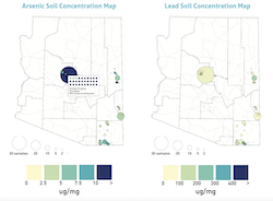 Images from our design in-progress for sharing citizen science data visually. Two maps of Arizona are shown with different datasets. The data is shown as circles, placed at the centroid of their area to maintain privacy. The size of the circles indicates the number of samples. The color indicates the concentration of the contaminant. On the left map, hovering over a circle shows the breakdown of individual datapoints.